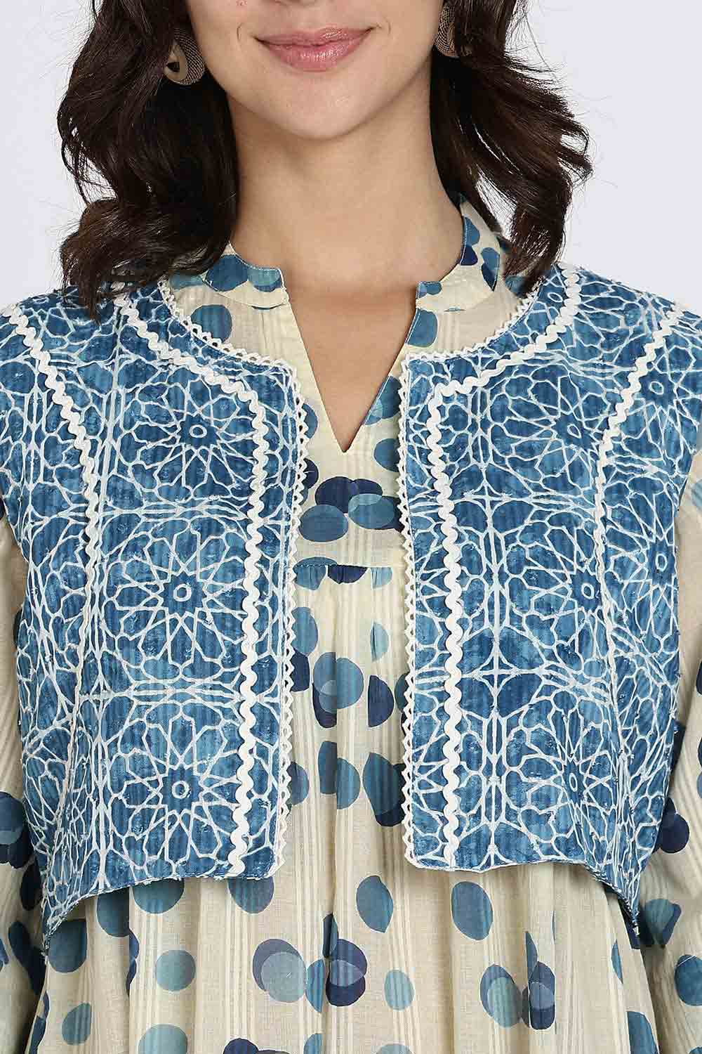 Mythri Women’s Cotton Cambric Dress | Flared Daily Wear with Embroidered Overcoat & Polka Print - Blue - K203