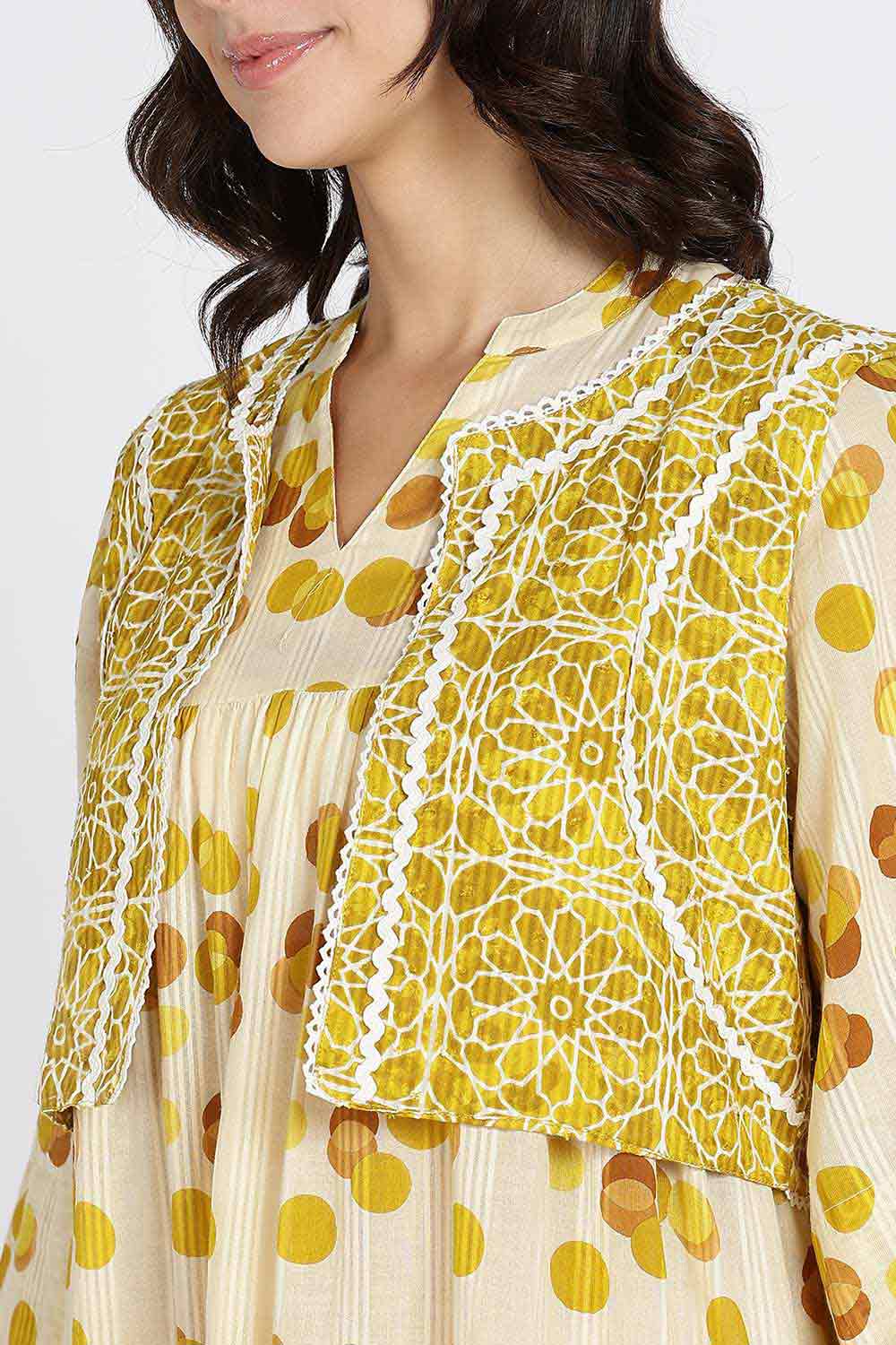 Mythri Women’s Cotton Cambric Dress | Flared Daily Wear with Embroidered Overcoat & Polka Print - Mustard - K203
