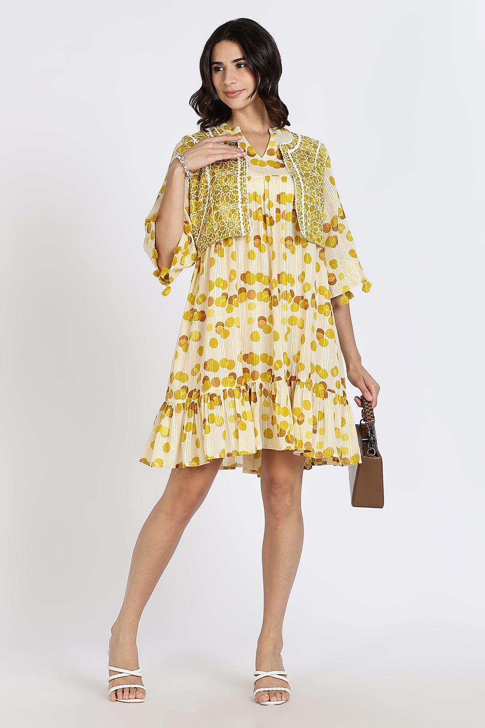 Mythri Women’s Cotton Cambric Dress | Flared Daily Wear with Embroidered Overcoat & Polka Print - Mustard - K203