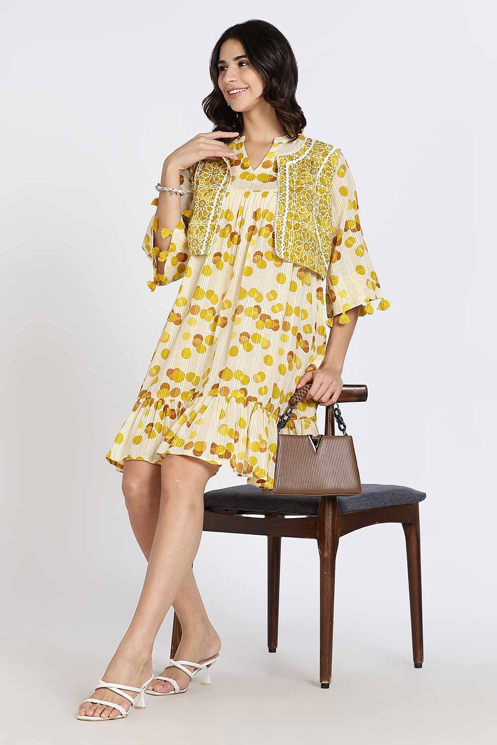 Mythri Women’s Cotton Cambric Dress | Flared Daily Wear with Embroidered Overcoat & Polka Print - Mustard - K203