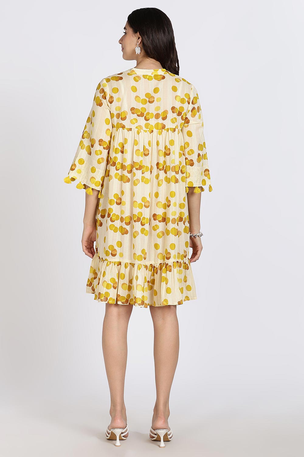 Mythri Women’s Cotton Cambric Dress | Flared Daily Wear with Embroidered Overcoat & Polka Print - Mustard - K203
