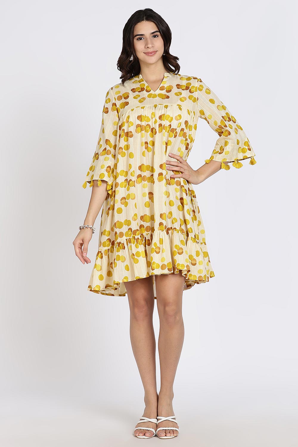 Mythri Women’s Cotton Cambric Dress | Flared Daily Wear with Embroidered Overcoat & Polka Print - Mustard - K203