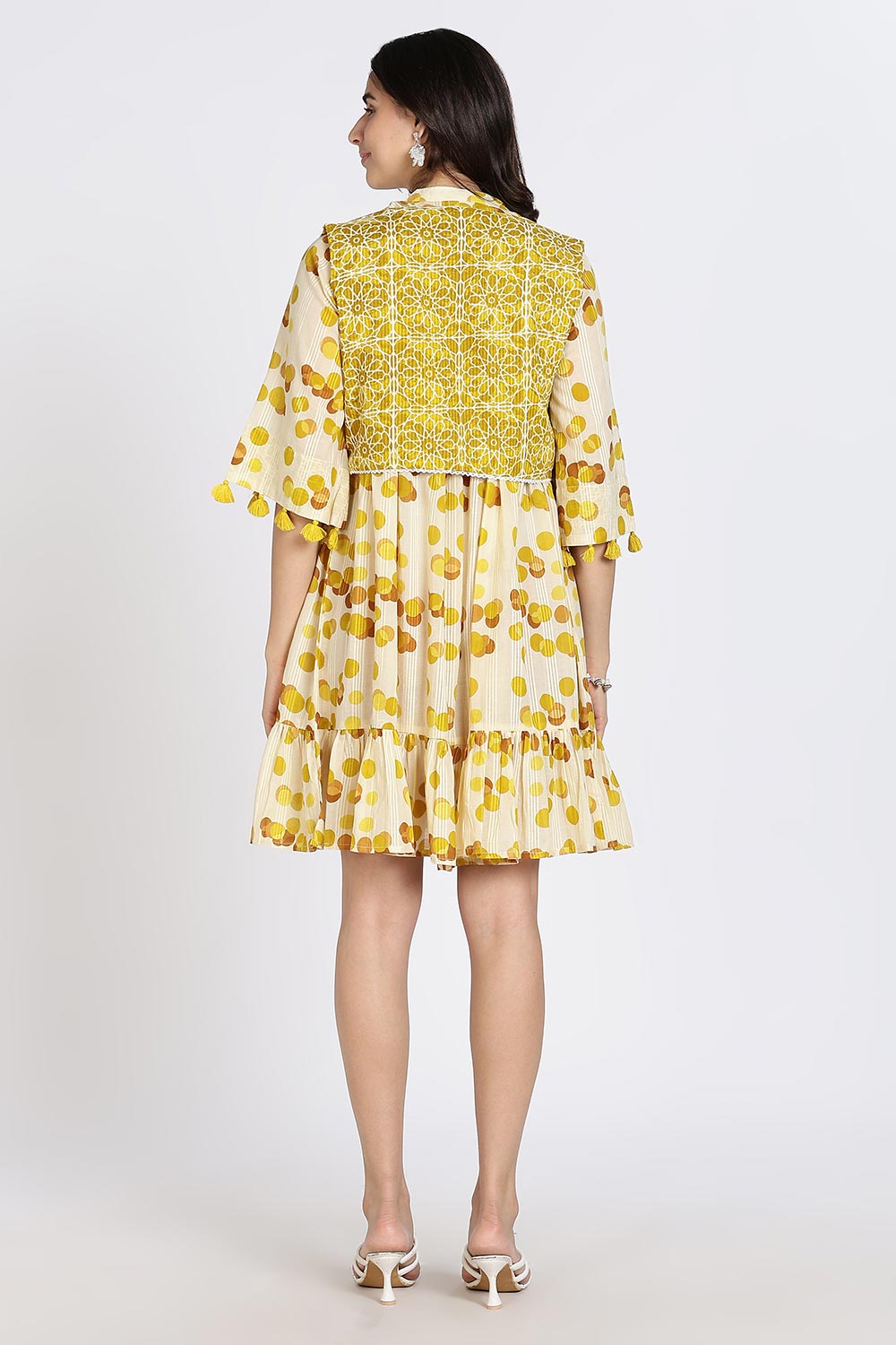 Mythri Women’s Cotton Cambric Dress | Flared Daily Wear with Embroidered Overcoat & Polka Print - Mustard - K203