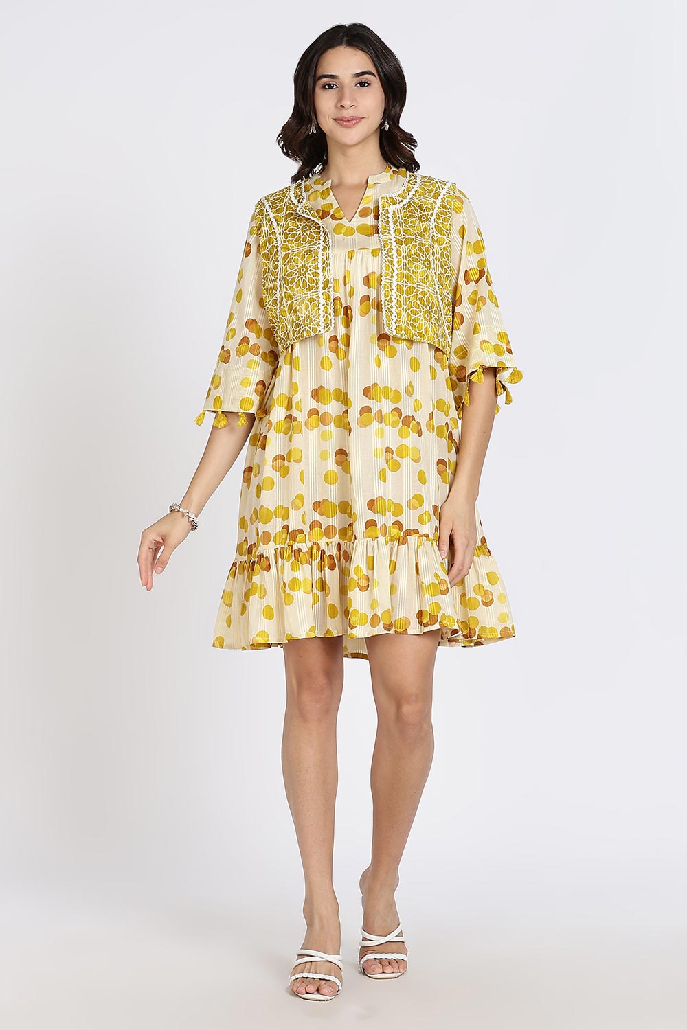 Mythri Women’s Cotton Cambric Dress | Flared Daily Wear with Embroidered Overcoat & Polka Print - Mustard - K203