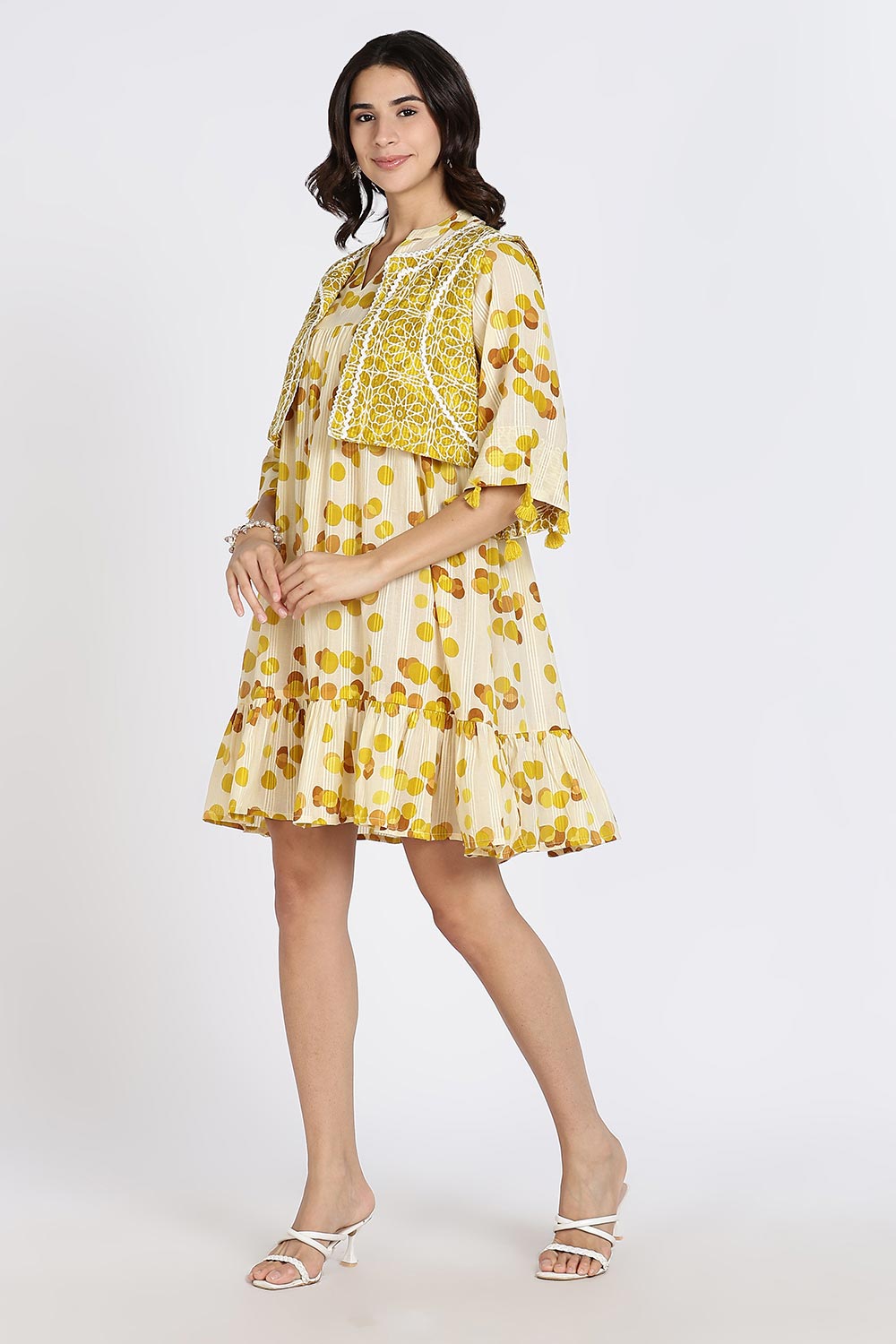 Mythri Women’s Cotton Cambric Dress | Flared Daily Wear with Embroidered Overcoat & Polka Print - Mustard - K203