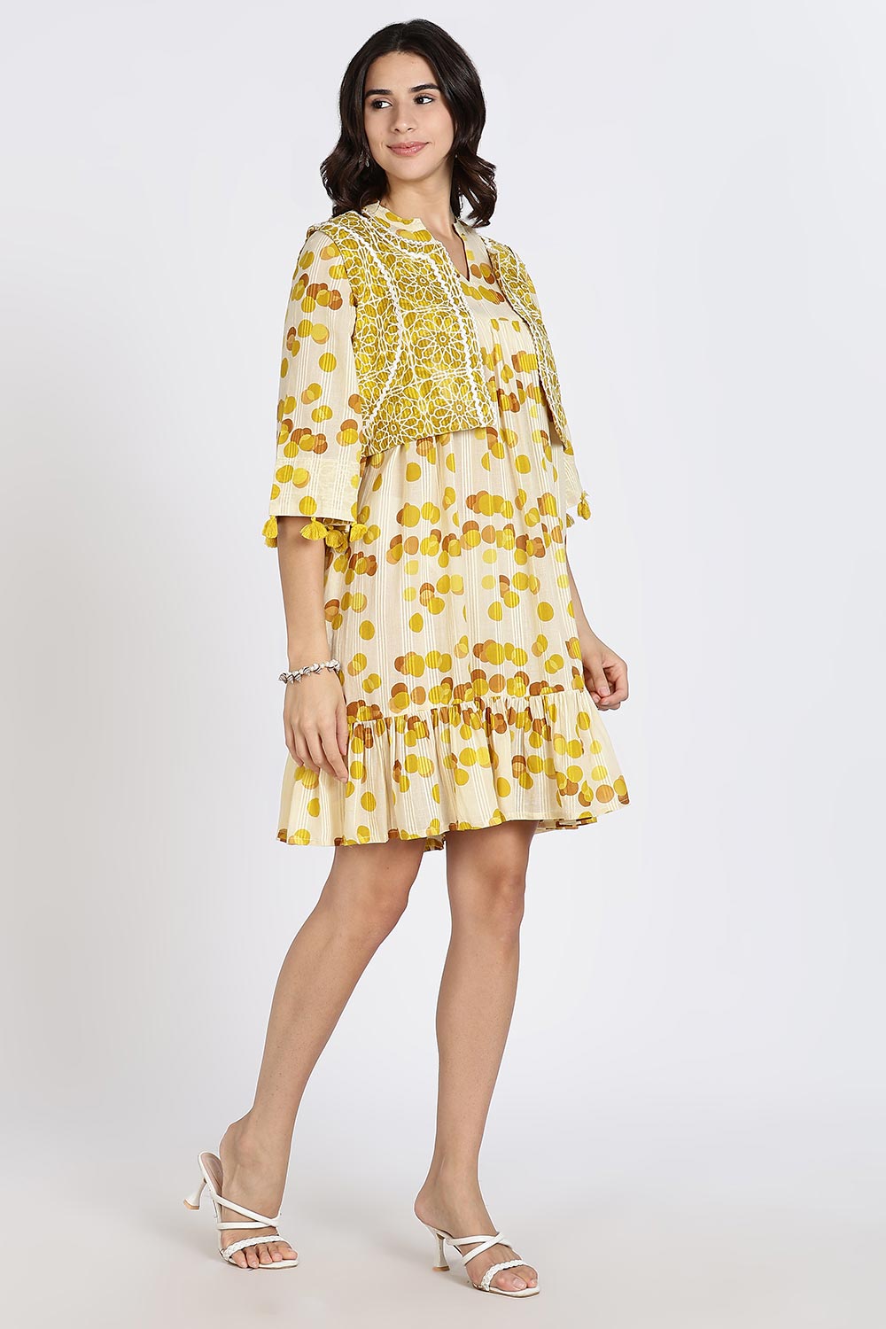 Mythri Women’s Cotton Cambric Dress | Flared Daily Wear with Embroidered Overcoat & Polka Print - Mustard - K203