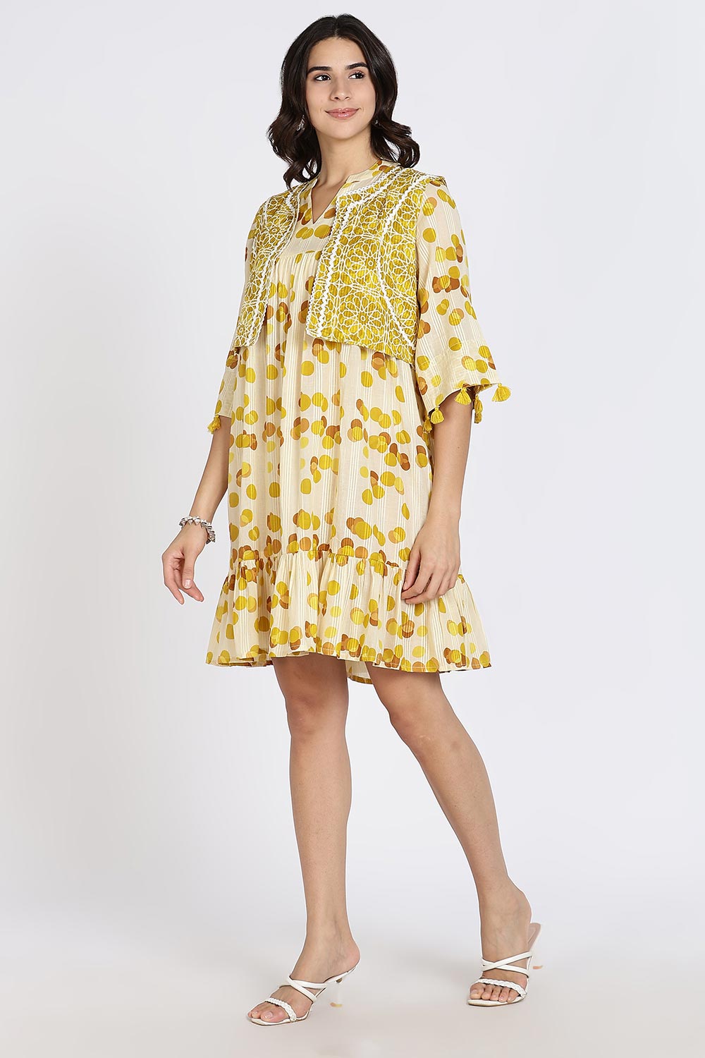 Mythri Women’s Cotton Cambric Dress | Flared Daily Wear with Embroidered Overcoat & Polka Print - Mustard - K203
