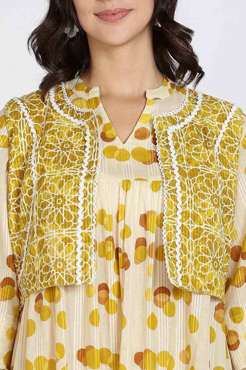 Mythri Women’s Cotton Cambric Dress | Flared Daily Wear with Embroidered Overcoat & Polka Print - Mustard - K203