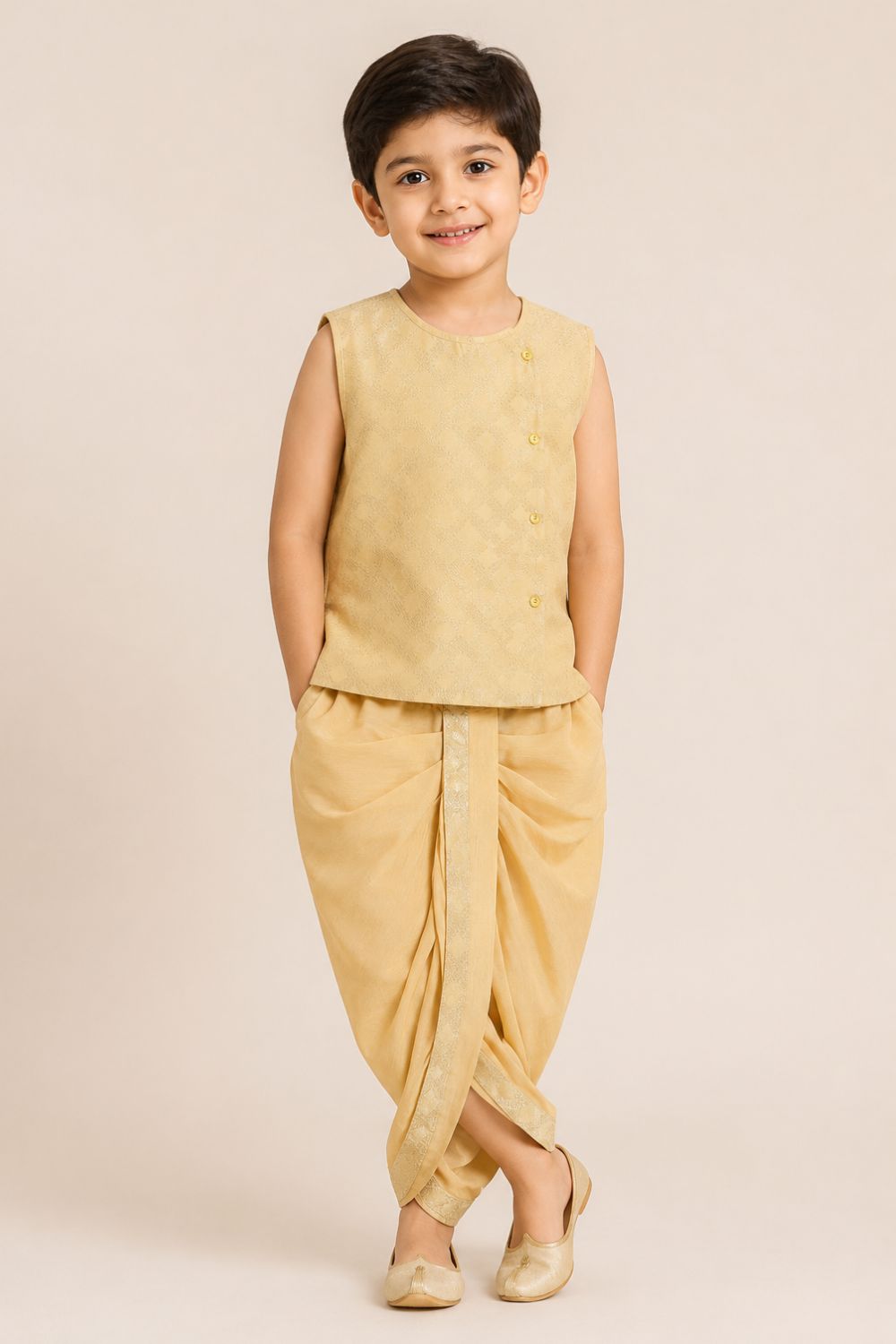 Navkrish Boys Kurta Set – Sleeveless Cotton Slub Kurta with Stitched Dhoti | Traditional Ethnic Wear for Boys - KS21
