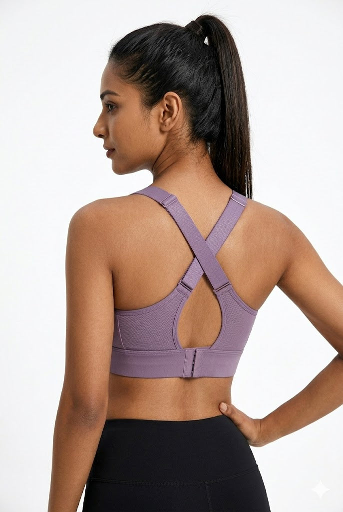 High Support Sports Bra for Women – Front Zip Adjustable Strap Workout Padded Bra with Velcro Straps & Underband | Gym, Running & Training Bra - 0839