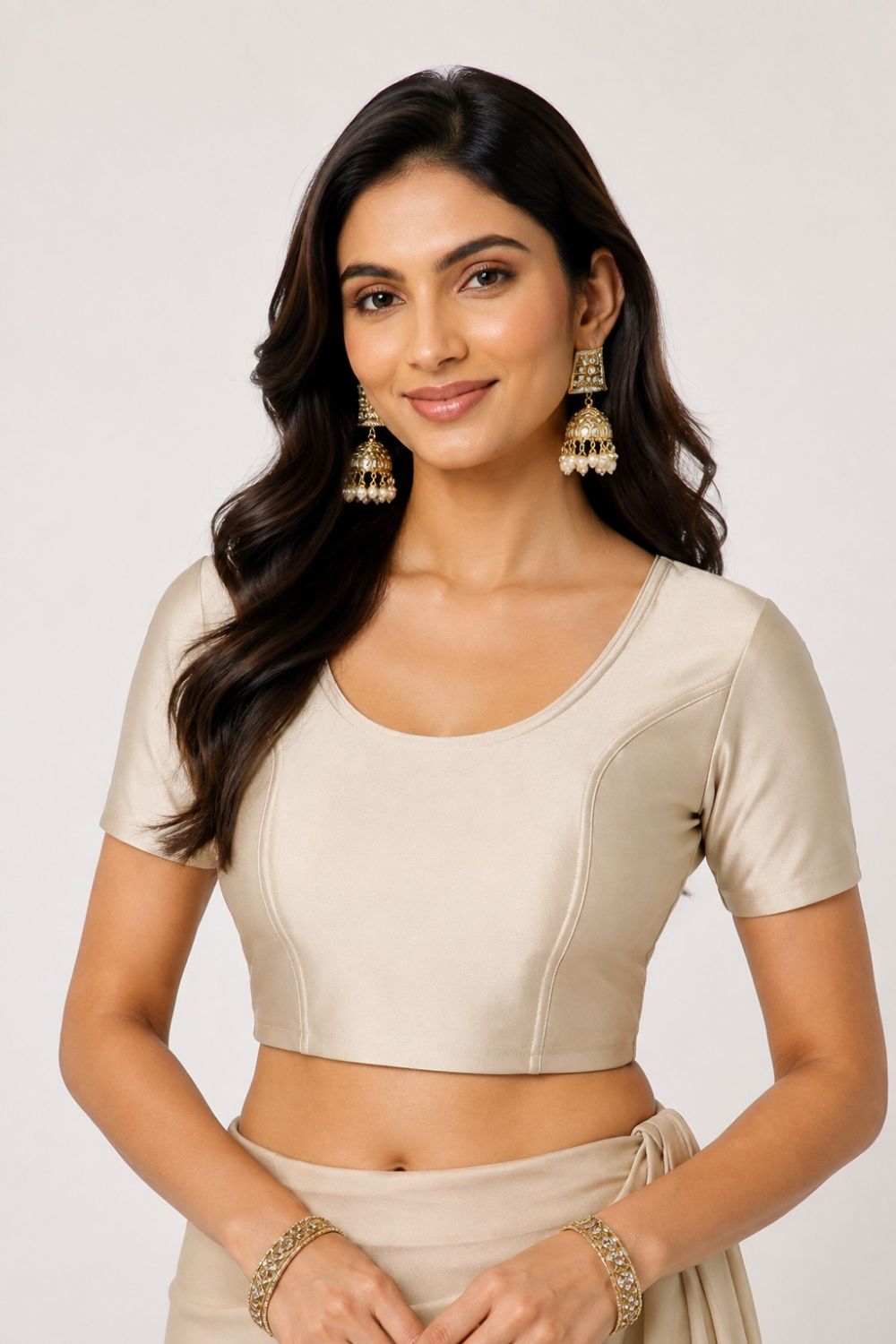 Naidu Hall Women’s Shimmer Knitted Saree Blouse | Silk Blend Round Neck Short Sleeve Ready to Wear Blouse | Regular Fit Solid Stretch Blouse for Sarees - Light Fawn Shimmer