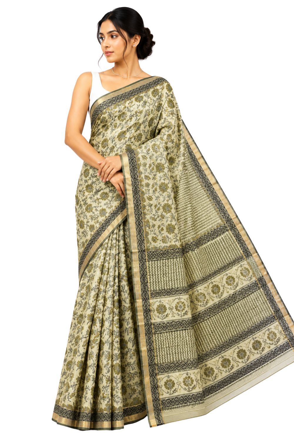 Naidu Hall Women's Black Kotta Print Cotton Blend Saree with Blouse | Lightweight Ethnic Wear Saree - WS10