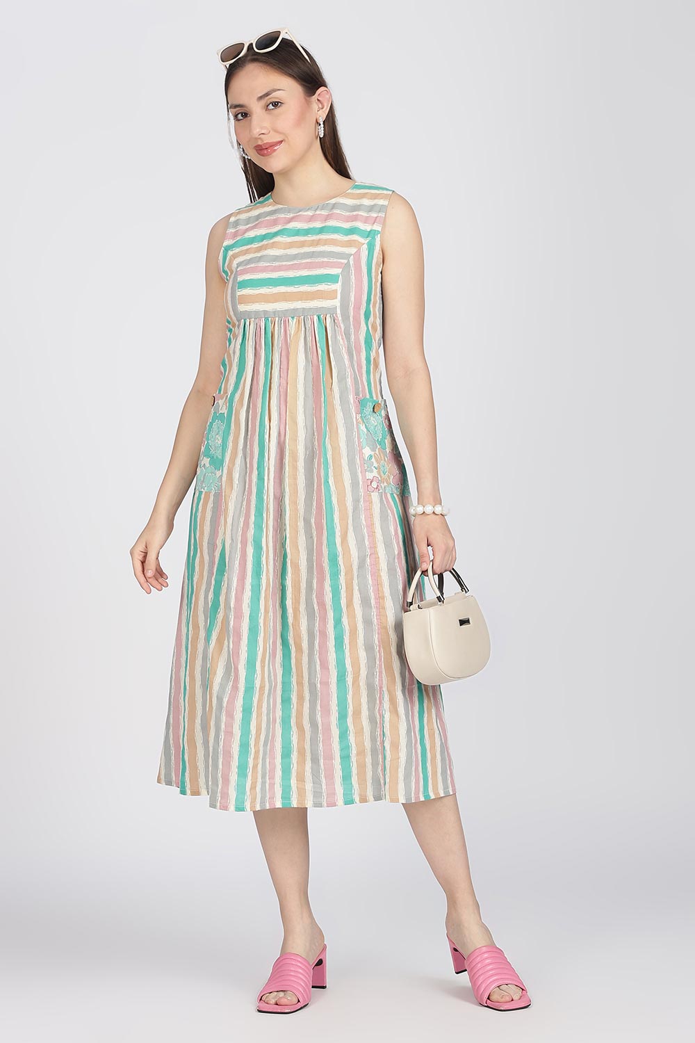Mythri Women’s Cotton Sleeveless Casual Dress | Striped Panelled Cut & Sew A-Line Summer Dress for Daily Wear - DR12