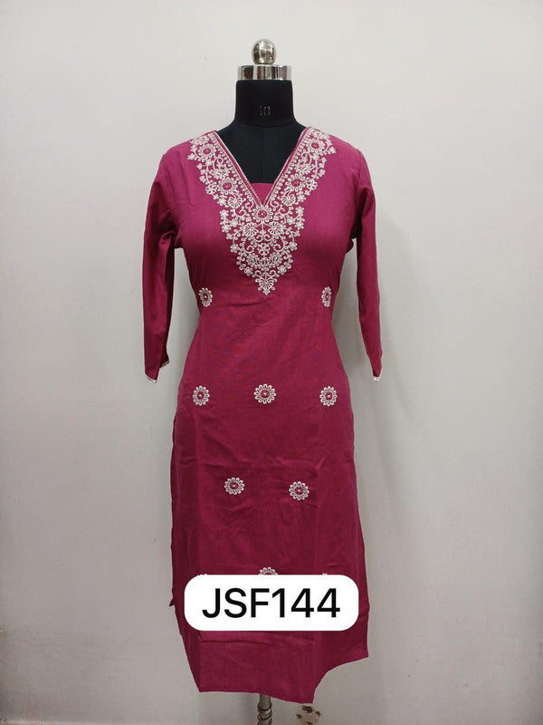 Women’s Women’s Cotton Blend Embroidered Kurthi with V-Neck & 3/4 Sleeves – Below Knee Length - Magenta - F144