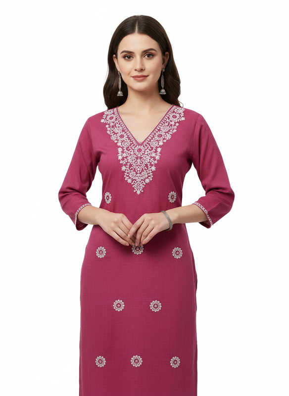 Women’s Women’s Cotton Blend Embroidered Kurthi with V-Neck & 3/4 Sleeves – Below Knee Length - Magenta - F144