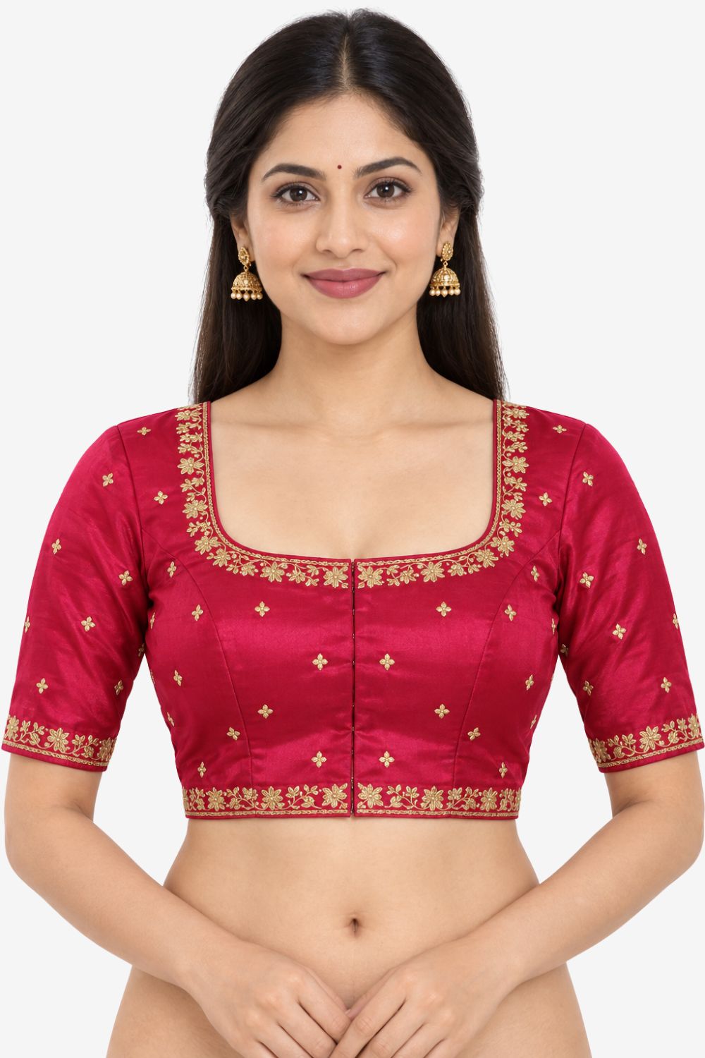 Women's Embroidery Silk Blend Saree Blouse with Round Neck Neckline and Elbow Sleeve - Regular | Ready-to-Wear Saree Blouse for Daily Wear, Festive Wear, Office Wear, Special Occasions - L566