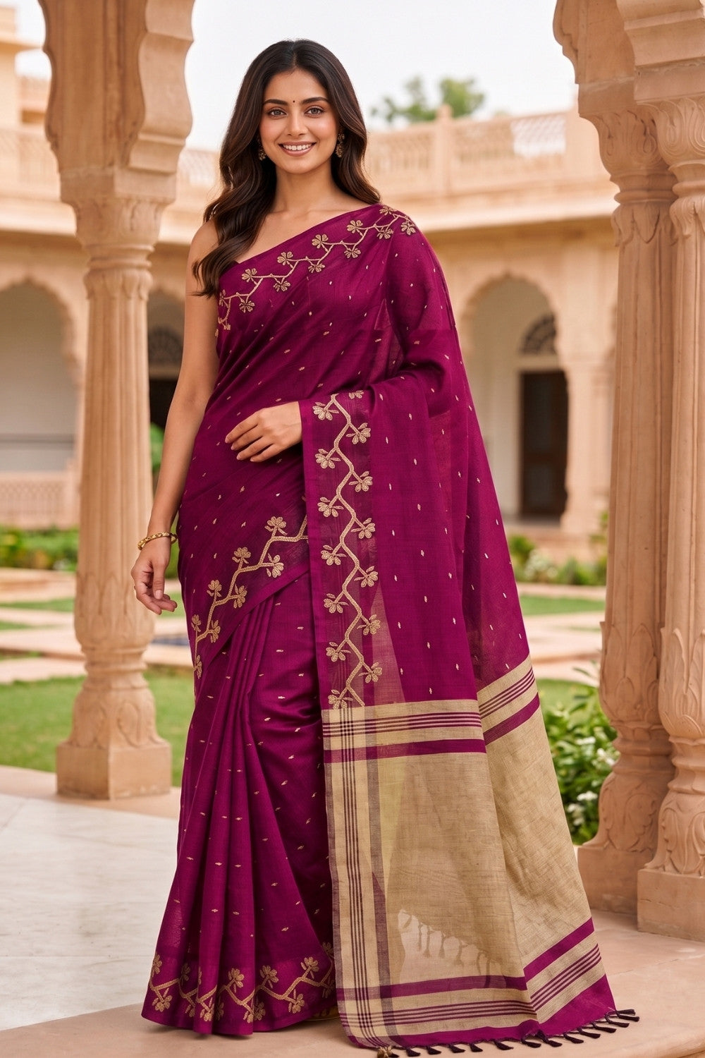 Naidu Hall Women's Magenta Khadi Cotton Blend Jacquard Saree with Blouse | Lightweight Ethnic Wear Saree - G475