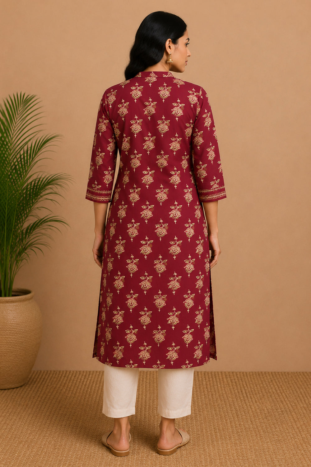Women's Cotton Blend Printed Kurti | Mandarin Collar 3/4 Sleeve Below Knee Kurti for Women | Regular Fit Ethnic Daily Wear Kurta - JS52