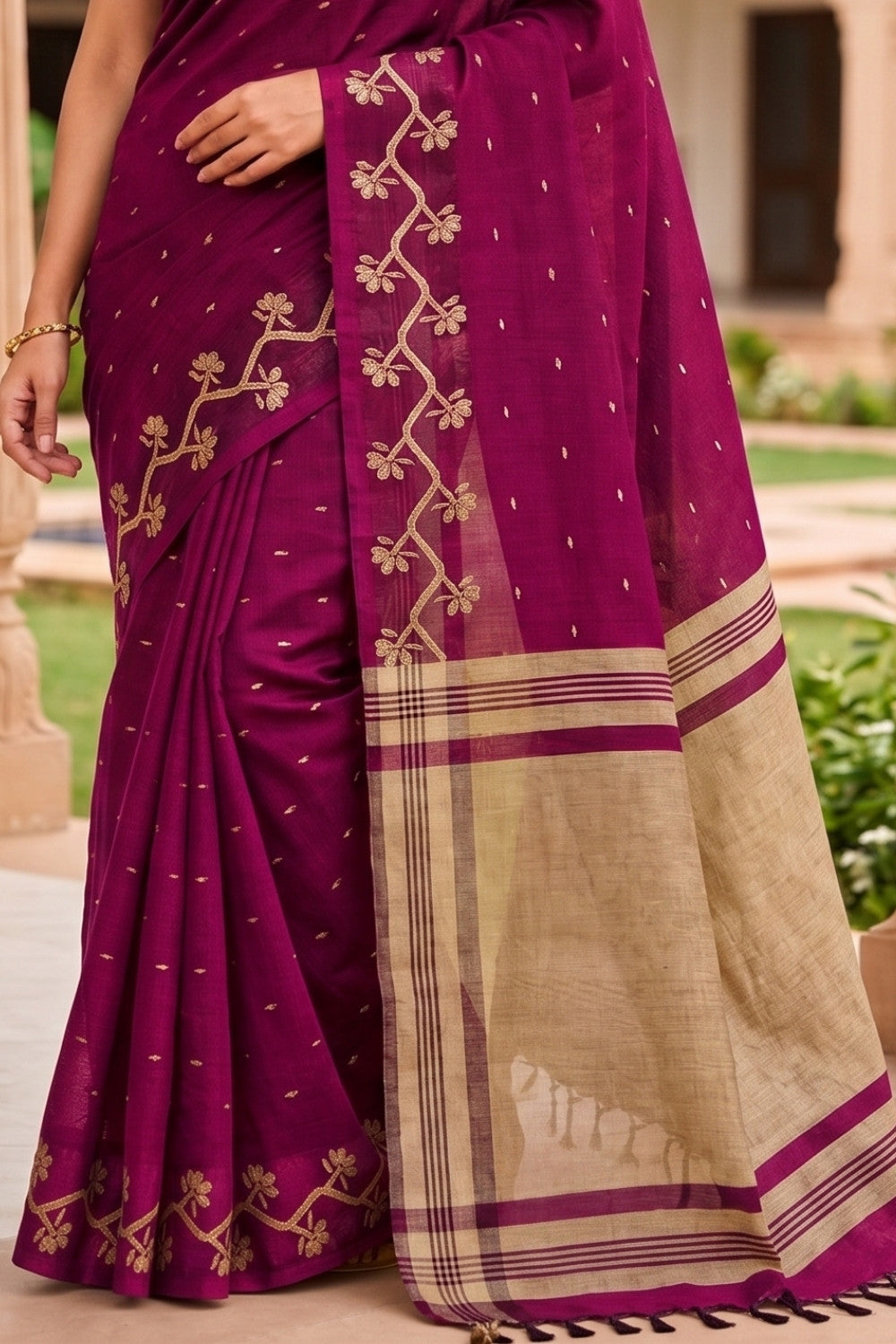Naidu Hall Women's Magenta Khadi Cotton Blend Jacquard Saree with Blouse | Lightweight Ethnic Wear Saree - G475