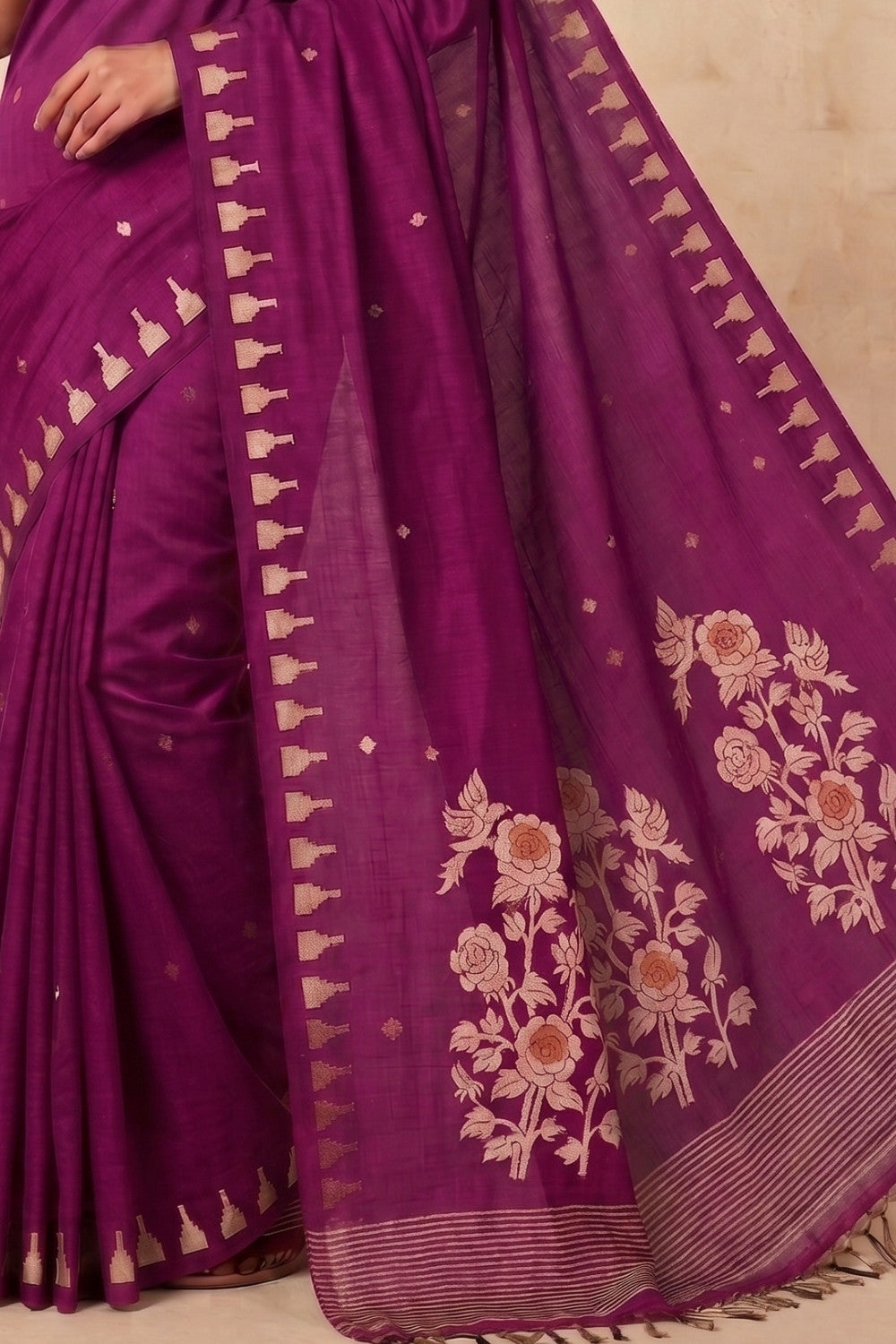 Naidu Hall Women's Magenta Khadi Cotton Blend Jacquard Saree with Blouse | Lightweight Ethnic Wear Saree - G533