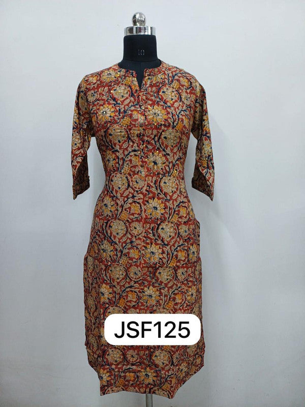 Women’s Cotton Blend Printed Kurthi | Regular Fit Ethnic Wear with 3/4 Sleeves & Mandarin Collar - Maroon - F125