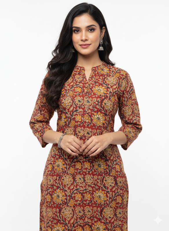 Women’s Cotton Blend Printed Kurthi | Regular Fit Ethnic Wear with 3/4 Sleeves & Mandarin Collar - Maroon - F125