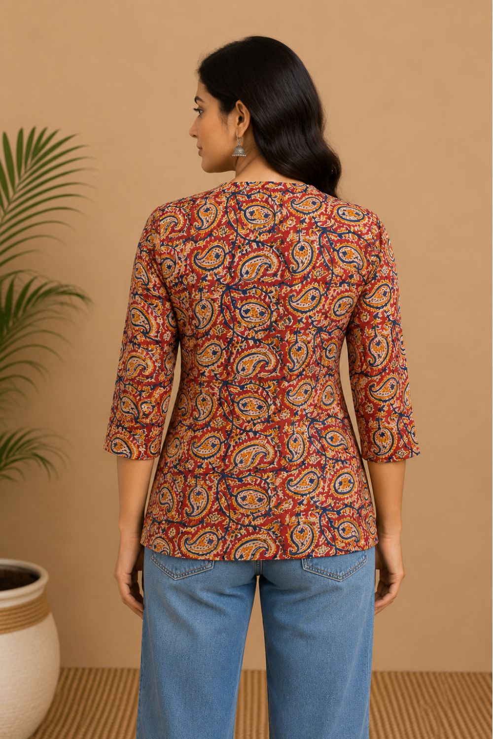 Women's Cotton Blend Printed Mandarin Collar Top | 3/4 Sleeve Casual Top for Women | Regular Fit Everyday Office & Casual Wear - JS25