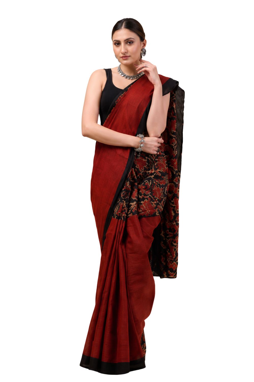 Naidu Hall Women's Brown Jaipur Print Cotton Blend Saree with Blouse | Lightweight Ethnic Wear Saree - WS06