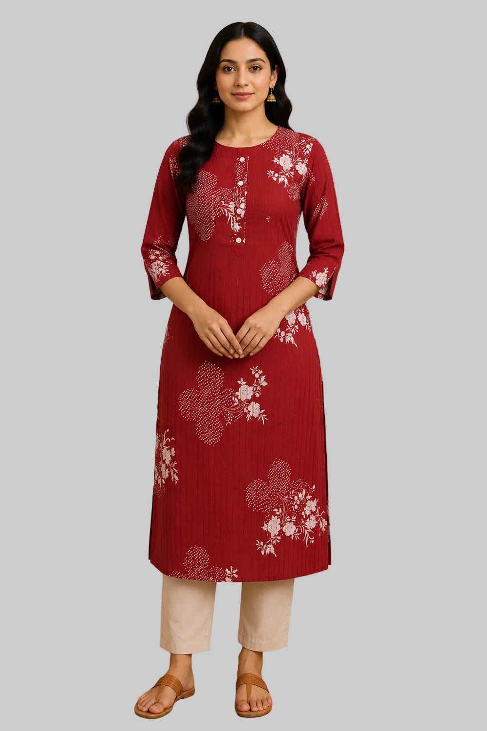 Women's Cotton Blend Printed Kurti | Round Neck 3/4 Sleeve Below Knee Kurti for Women | Regular Fit Ethnic Daily Wear Kurta - JS54
