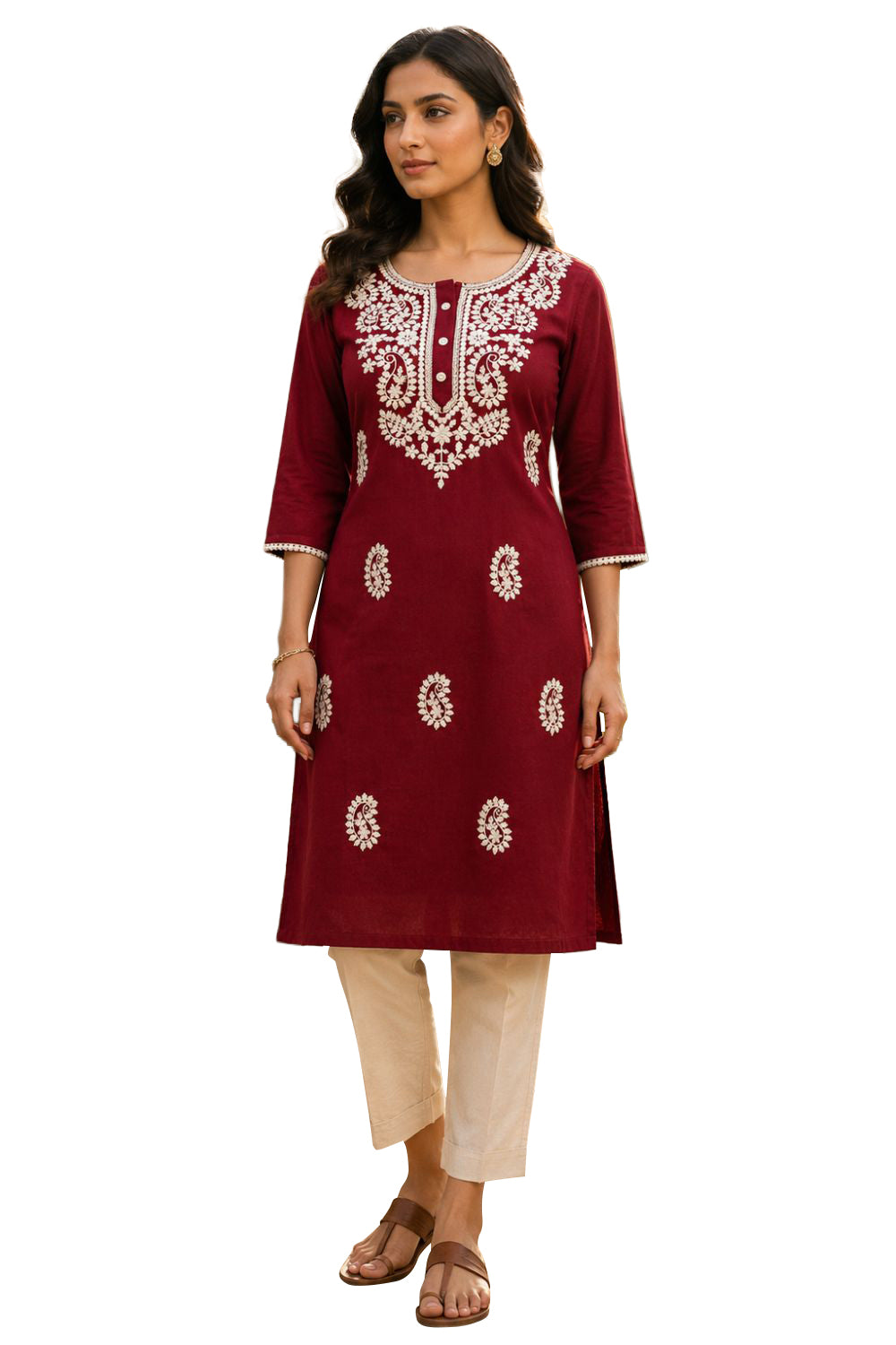 Women's Cotton Blend Embroidered Kurti | Round Neck 3/4 Sleeve Below Knee Kurti for Women | Regular Fit Ethnic Daily Wear Kurta - JS51