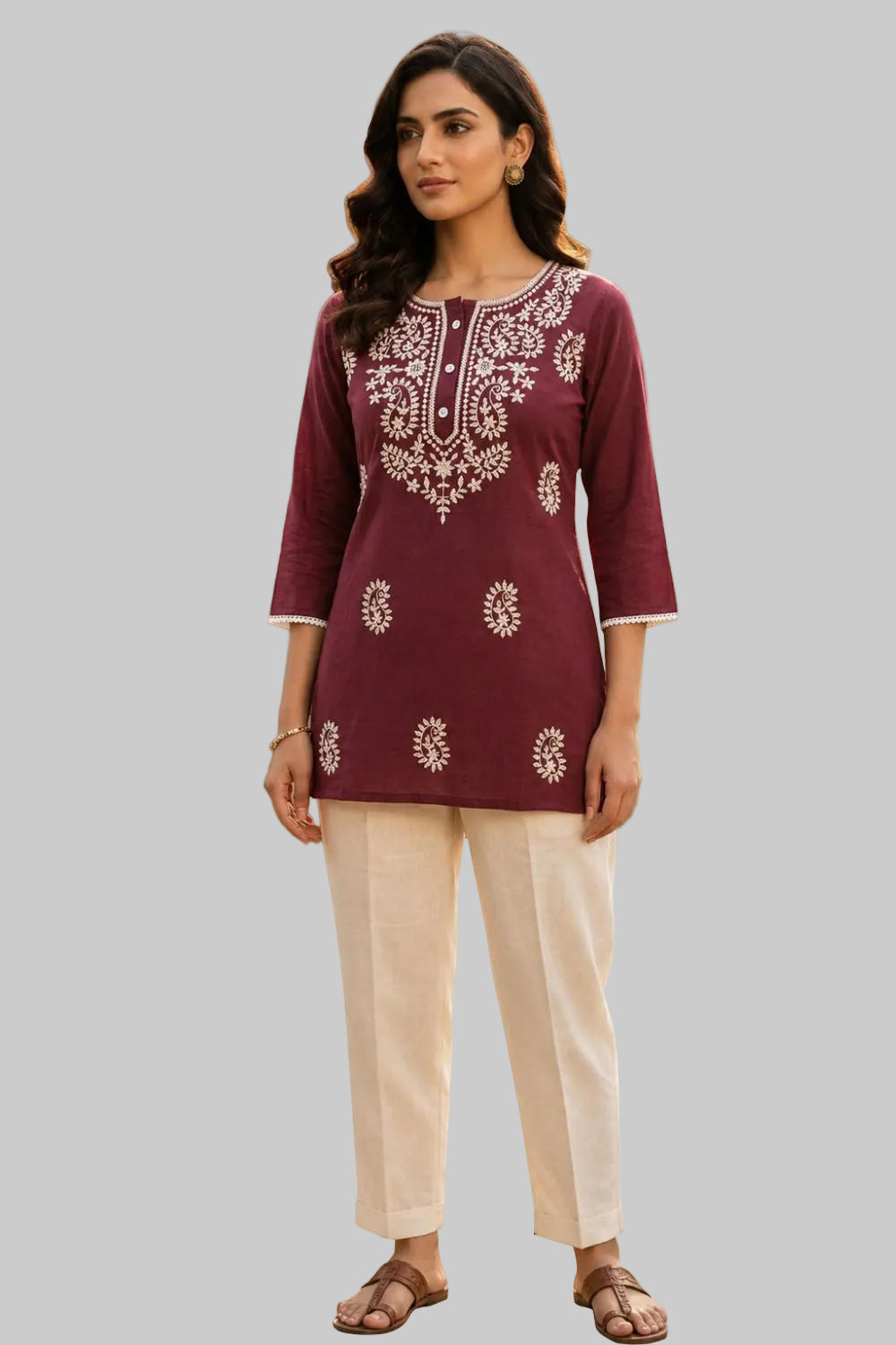 Women's Cotton Blend Embroidered Top | Round Neck 3/4 Sleeve Casual Top for Women | Regular Fit Everyday Office & Ethnic Wear - JS26