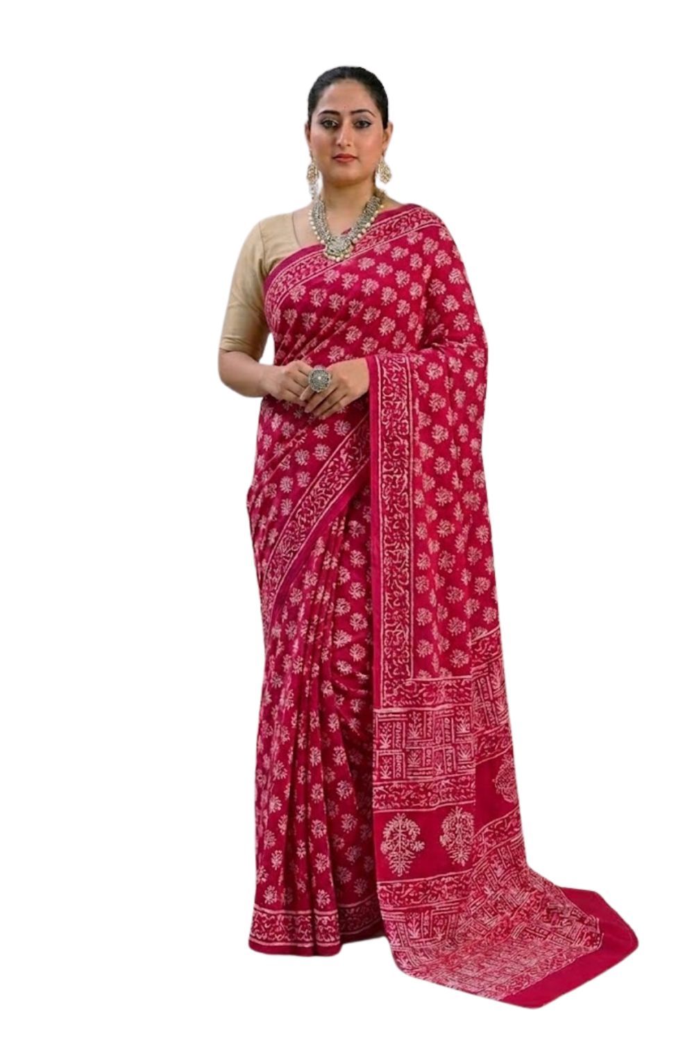 Naidu Hall Women's Maroon Jaipur Print Cotton Blend Saree with Blouse | Lightweight Ethnic Wear Saree - WS07