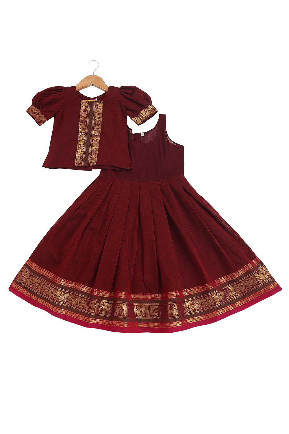 Chittythalli Girls Handloom Kanchi Cotton Pavadai Set | Traditional Cotton Ethnic Wear for Girls | Puff Sleeve Pavadai Dress with Border Patch Work - PS19