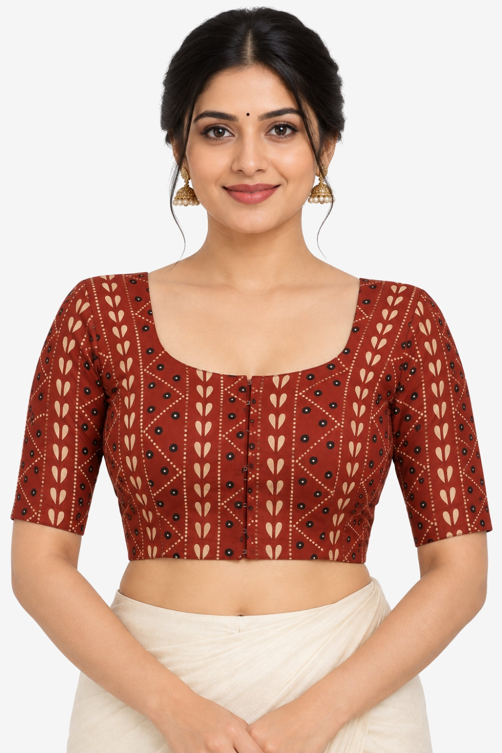 Women's Prints Cotton Blend Saree Blouse with Round Neck Neckline and Elbow Sleeve - Regular | Ready-to-Wear Saree Blouse for Daily Wear, Festive Wear, Office Wear, Special Occasions - 1009