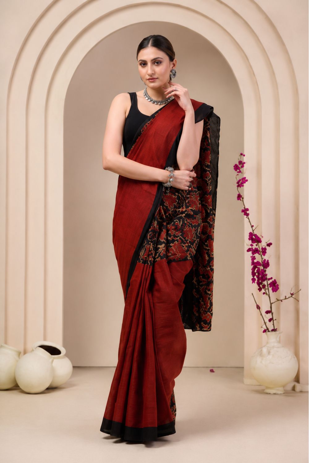 Naidu Hall Women's Brown Jaipur Print Cotton Blend Saree with Blouse | Lightweight Ethnic Wear Saree - WS06