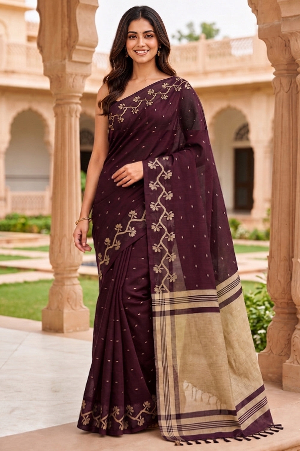 Naidu Hall Women's Maroon Khadi Cotton Blend Jacquard Saree with Blouse | Lightweight Ethnic Wear Saree - G475