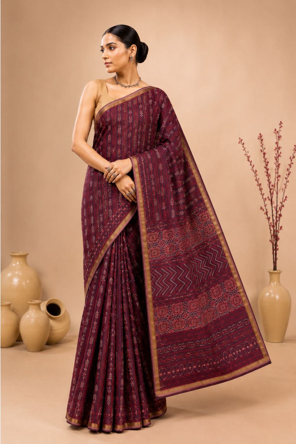 Naidu Hall Women's Maroon Chanderi Print Cotton Blend Saree with Blouse | Lightweight Ethnic Wear Saree - WS09