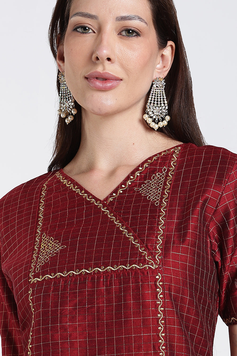 Mythri Women's Cotton Blend Embroidered Kurta Set with Wide Leg Pants | Crossover V-Neck Ethnic Kurta Set for Women | Festive & Traditional Wear - KS04