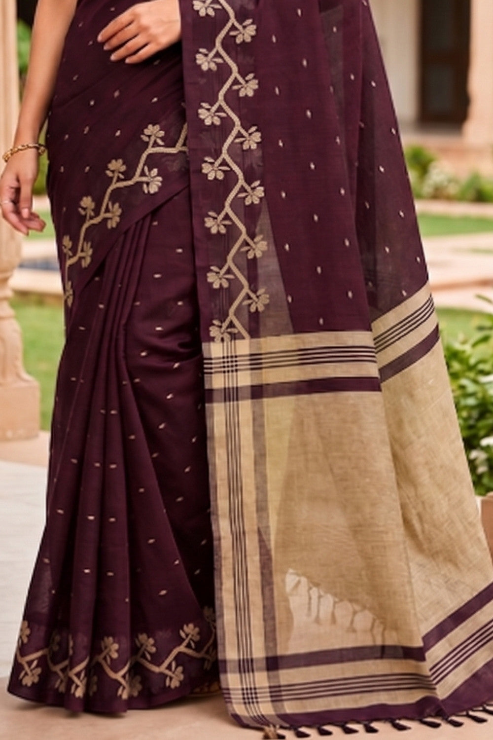Naidu Hall Women's Maroon Khadi Cotton Blend Jacquard Saree with Blouse | Lightweight Ethnic Wear Saree - G475