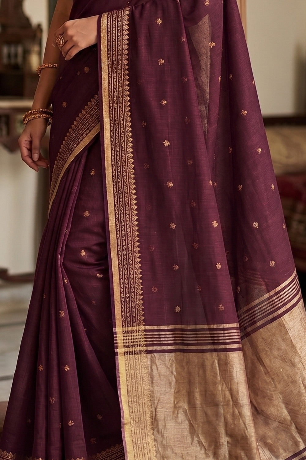 Naidu Hall Women's Maroon Khadi Cotton Blend Jacquard Saree with Blouse | Lightweight Ethnic Wear Saree - G501