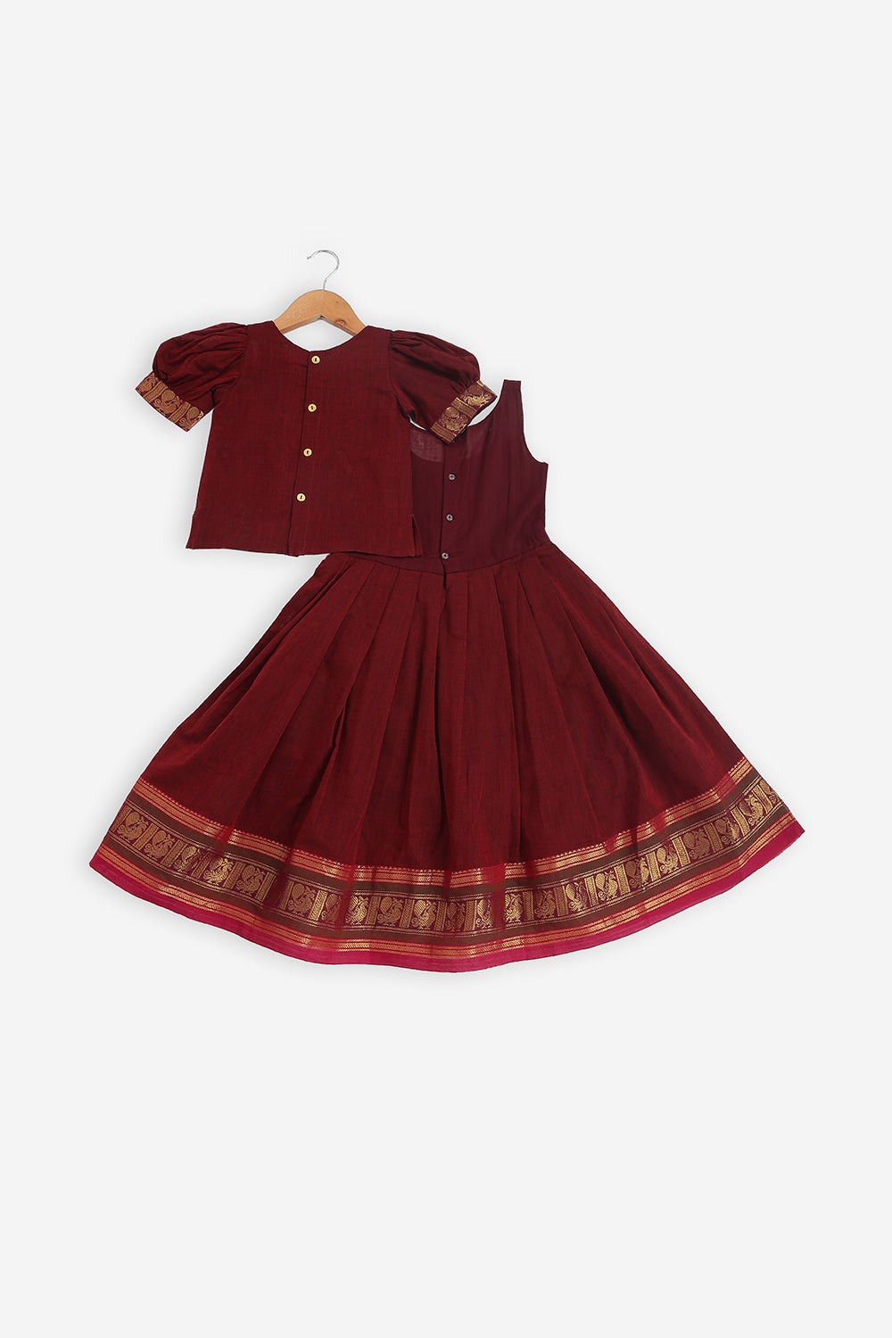 Chittythalli Girls Handloom Kanchi Cotton Pavadai Set | Traditional Cotton Ethnic Wear for Girls | Puff Sleeve Pavadai Dress with Border Patch Work - PS19