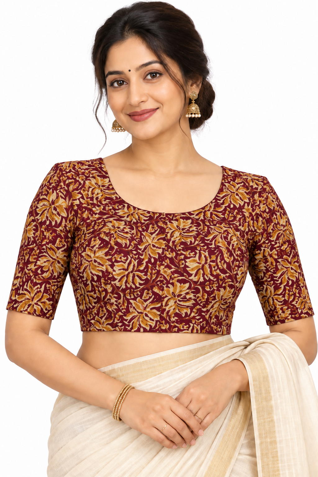 Women's Prints Cotton Blend Saree Blouse with Round Neck, Elbow Sleeve and Regular Fit | Ready-to-Wear Saree Blouse for Daily Wear & Festive Wear - 144B