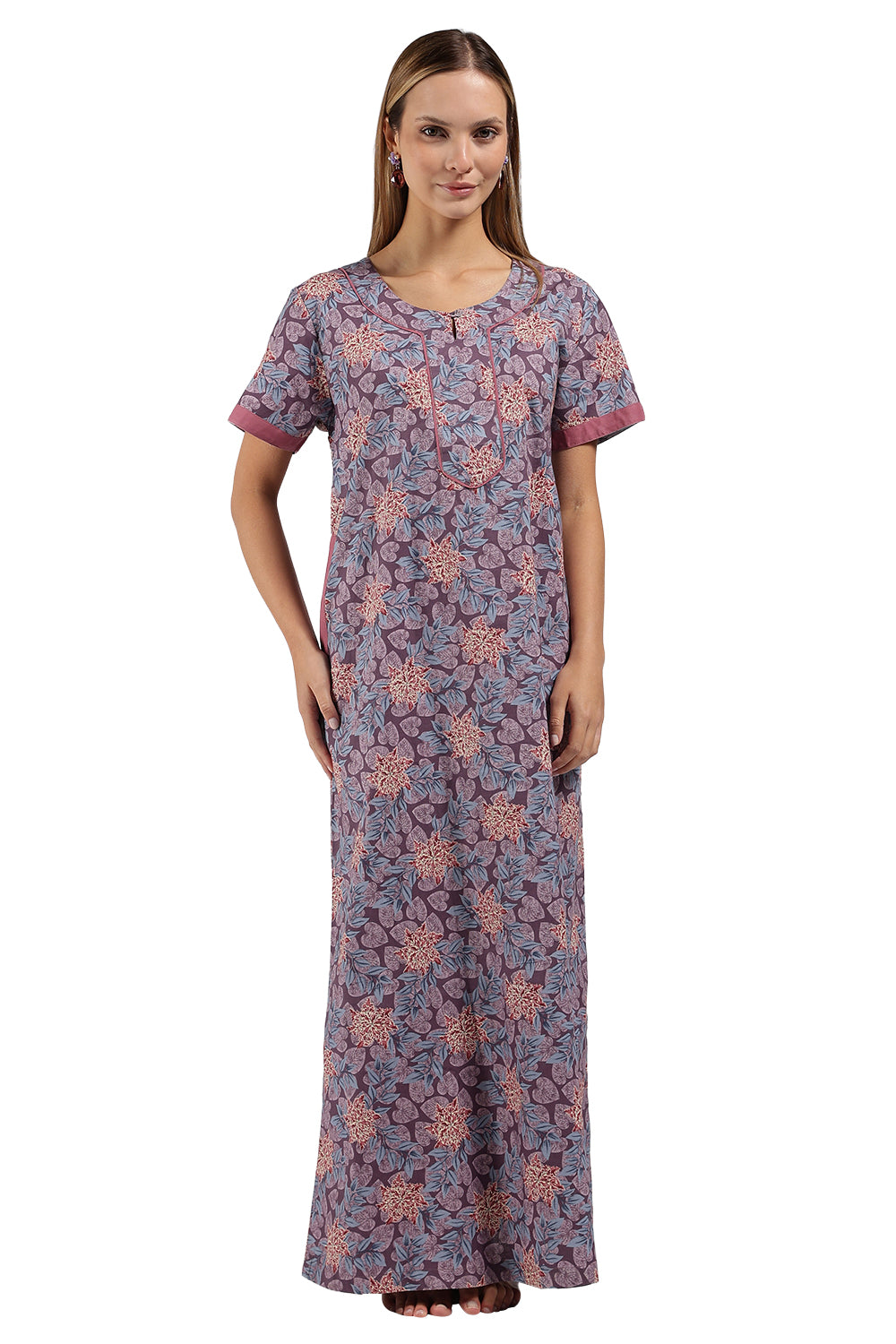 Naidu Hall Printed Cotton Nighty for Women – Full Length A-Line Sleepwear with Keyhole Neck & Contrast Piping | Comfortable Daily Wear Nighty
- N135