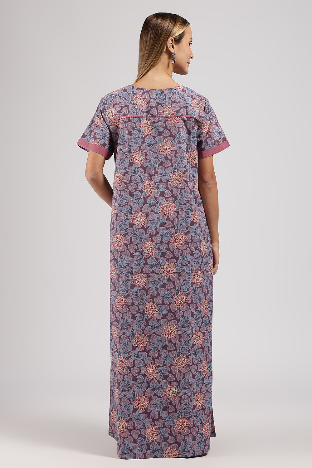 Naidu Hall Printed Cotton Nighty for Women – Full Length A-Line Sleepwear with Keyhole Neck & Contrast Piping | Comfortable Daily Wear Nighty
- N135