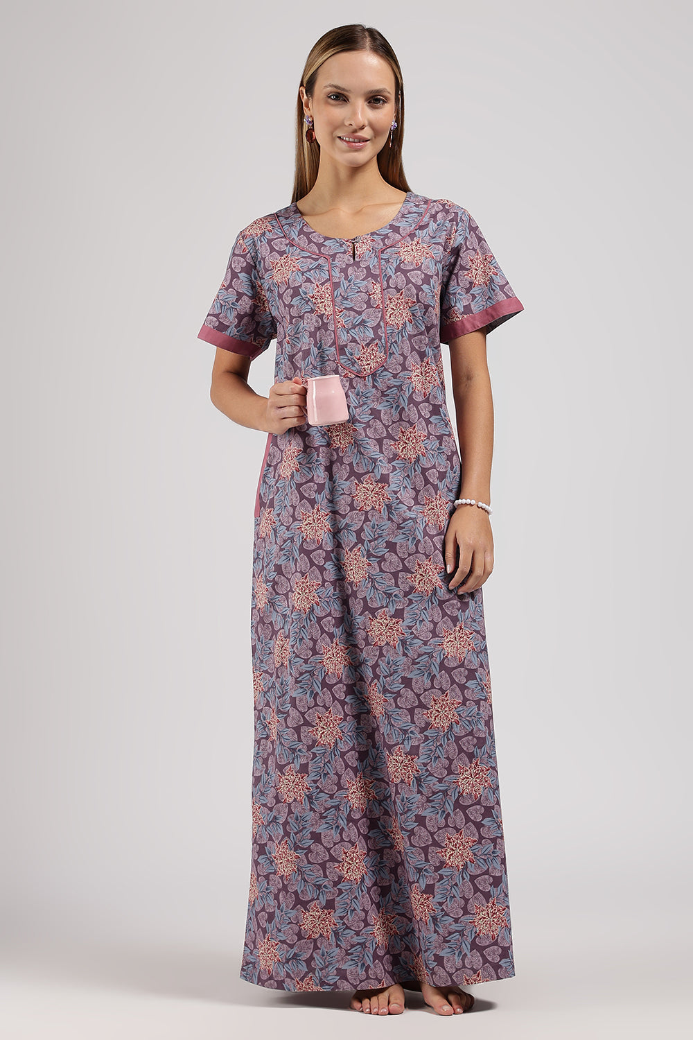 Naidu Hall Printed Cotton Nighty for Women – Full Length A-Line Sleepwear with Keyhole Neck & Contrast Piping | Comfortable Daily Wear Nighty
- N135