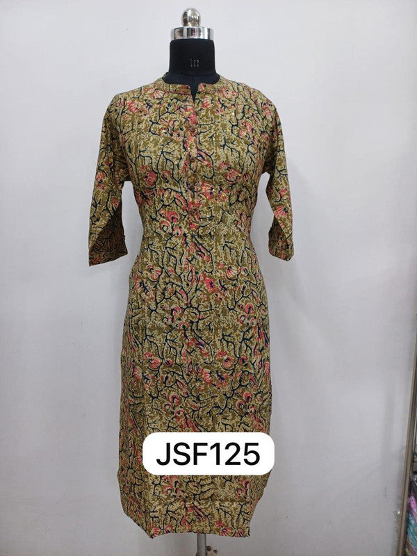 Women’s Cotton Blend Printed Kurthi | Regular Fit Ethnic Wear with 3/4 Sleeves & Mandarin Collar - Mehandi - F125