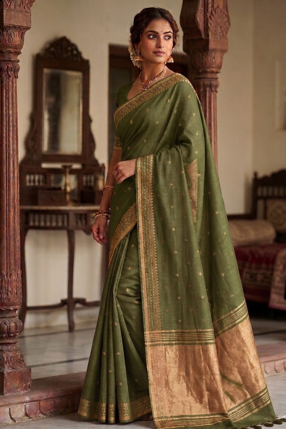 Naidu Hall Women's Mehandi Green Khadi Cotton Blend Jacquard Saree with Blouse | Lightweight Ethnic Wear Saree - G501