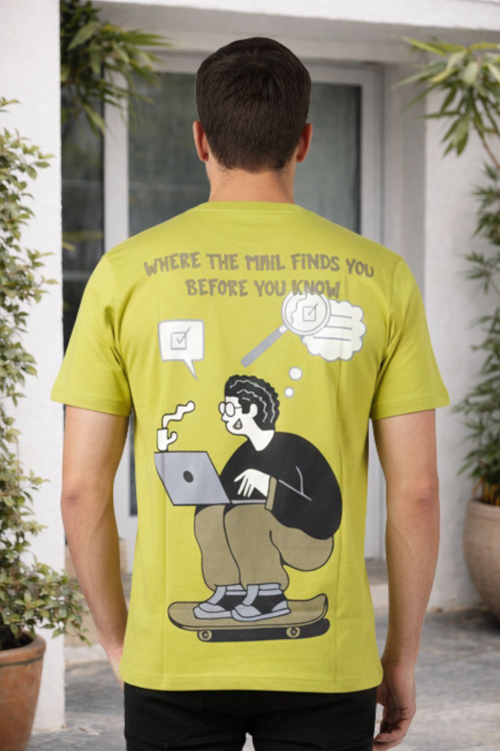 Enhance Men’s Cotton Graphic Printed T-Shirt | “Mailed It” Round Neck Half Sleeve Crew Neck Tee | Front & Back Print Skateboard Laptop Design | Everyday Casual Streetwear - Yellow - TG10