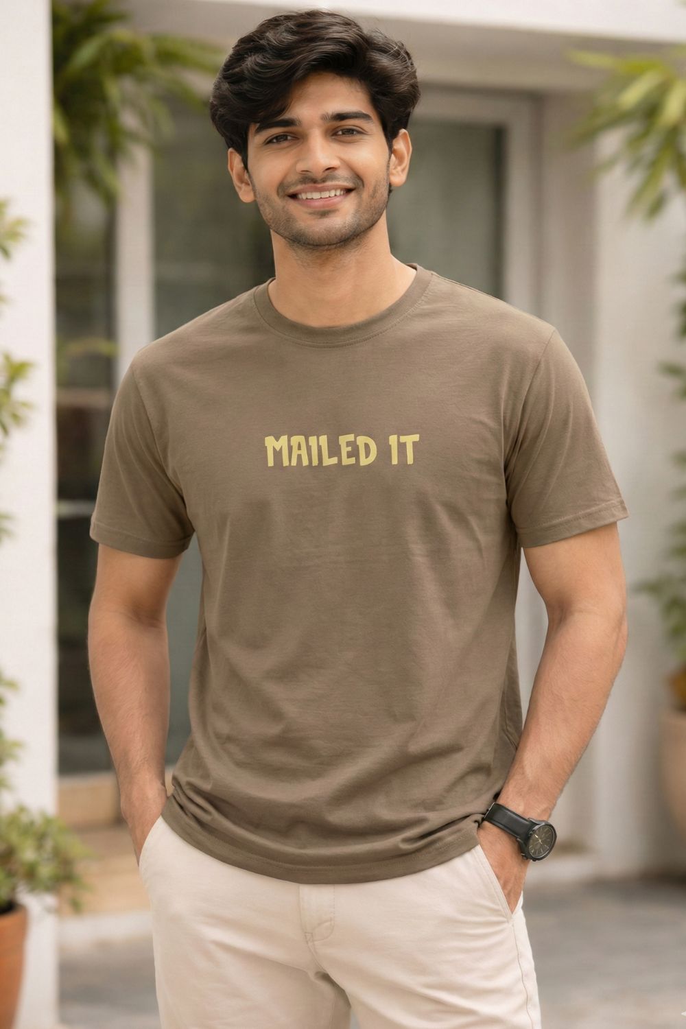 Enhance Men’s Cotton Graphic Printed T-Shirt | “Mailed It” Round Neck Half Sleeve Crew Neck Tee | Front & Back Print Skateboard Laptop Design | Everyday Casual Streetwear - Brown - TG10