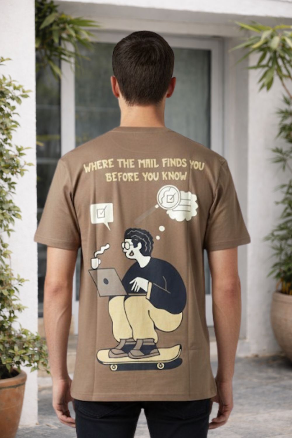 Enhance Men’s Cotton Graphic Printed T-Shirt | “Mailed It” Round Neck Half Sleeve Crew Neck Tee | Front & Back Print Skateboard Laptop Design | Everyday Casual Streetwear - Brown - TG10